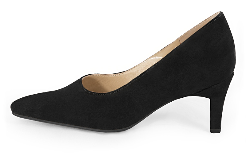 Matt black women's dress pumps,with a square neckline. Tapered toe. Medium comma heels. Profile view - Florence KOOIJMAN